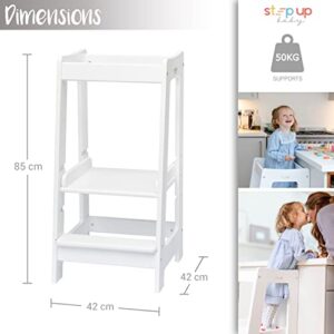 Stepup Baby Toddler Tower Step High Chair | Montessori Inspired | Kitchen Wooden Step Stool for Preschool Kids | Adjustable for 18 Month - 5 Years | Includes Safety Rail (White)