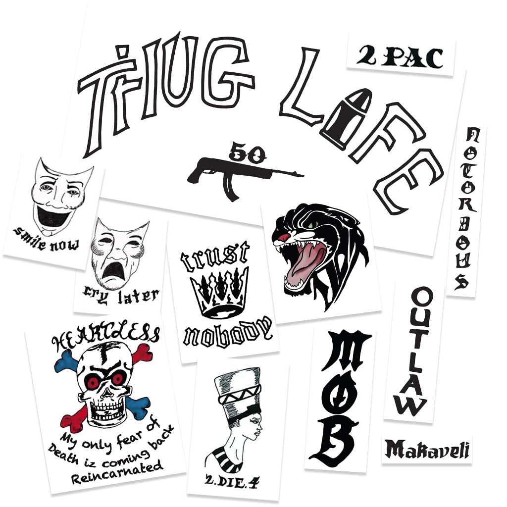 FashionTats Thug Life | Celebrity Rapper Temporary Tattoos | UPDATED for 2023 | Skin Safe | MADE IN THE USA | Removable