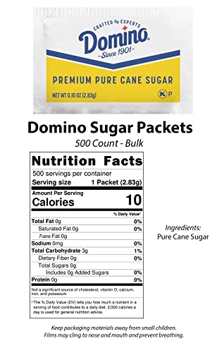 Domino Pure Cane NON-GMO Granulated Sugar, 0.10 Ounce (2.83 Gram) Packets, Pack of 500 in Dispenser Box