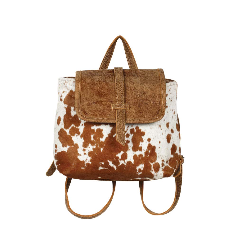 Brown and White Genuine Hair-On Cowhide and Leather Backpack