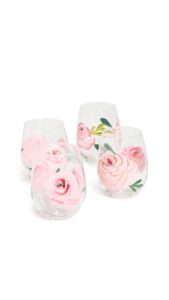 two's company in full bloom roses stemless wine glass, set of 4, hand-painted