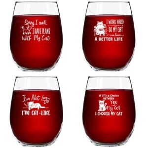 funny cat stemless wine glasses set of 4 | hilarious cat gift idea for women, pet owners and wine lovers | 15 oz. funny cat wine glass with cute messages | dishwasher safe | made in usa