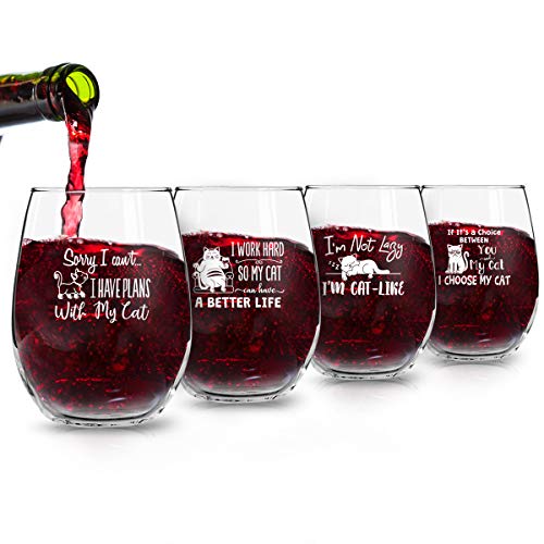 Funny Cat Stemless Wine Glasses Set of 4 | Hilarious Cat Gift Idea for Women, Pet Owners and Wine Lovers | 15 oz. Funny Cat Wine Glass with Cute Messages | Dishwasher Safe | Made in USA