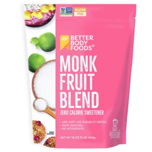 betterbody foods monk fruit sweetener blend, raw cane sugar substitute, zero calorie, keto diet friendly, zero net carbs, zero glycemic, baking, extract, sugar replacement, 1lb, 16 oz