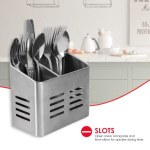 Home Basics Dual Compartment Stainless Steel Draining Cutlery/Utensil Holder Organizer, Free Standing, Kitchen Countertop, Silver (1)