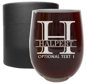 personalized etched 17oz stemless wine glass tumbler, halpert monogram – unique customized gifts for women – custom gifts for grandma – wine lover gifts - bridesmaid gifts for her, glasses