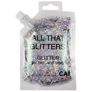 cai beauty nyc silver glitter bag gel for face, body and hair 90ml 3.04oz holographic cosmetic grade glamour chunky glitter makeup | festival, rave, halloween, concert accessories for women