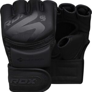 RDX MMA Gloves Noir, Maya Hide Leather, Ventilated Open D-Cut Palm, Padded Grappling Sparring Mitts, Cage Fighting Kickboxing Mixed Martial Arts Muay Thai Training, Punching Bag Pads Workout, Black