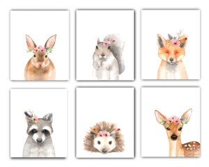 designs by maria inc. set of 6 unframed floral crown animal posters | woodland nursery decor | watercolor animal wall decor | baby decor for nursery wall art | baby room wall decor for kids (8"x10")