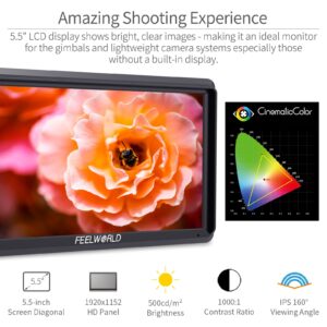 FEELWORLD S55 5.5 inch Camera DSLR Field Monitor Small Full HD 1920x1152 IPS LUT Video Peaking Focus Assist with 4K HDMI 8.4V DC Input Output Include Tilt Arm