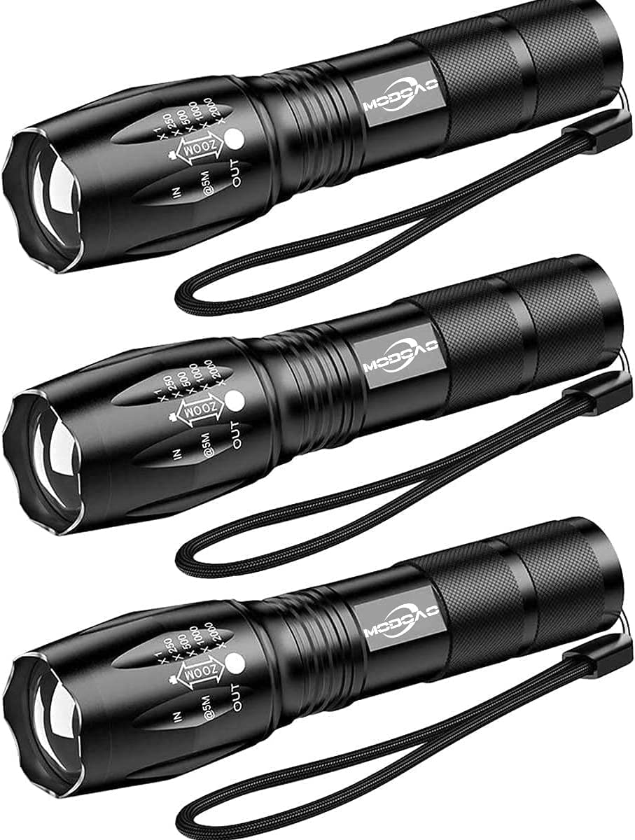 MODOAO 3pack Super Bright Flashlights High Lumens LED Flashlight With Zoomable Beam - Mini Flashlights for Camping, Hiking, Dog Walking - Powerful Emergency Flashlights with 5 Modes for Outdoor Use