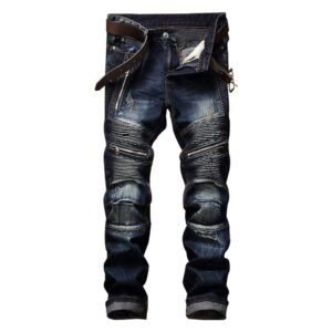 aititia men's biker zipper deco washed straight fit jeans (30w x 31l, dark blue)