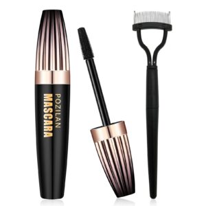 waterproof mascara black with eyelash comb set, natural mascara black volume and length for makeup - lengthening, volumizing, long-lasting