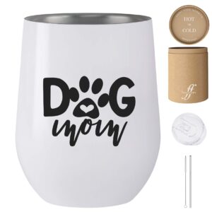 fancyfams - dog mom - 12 oz stainless steel stemless wine tumbler with lid and straw (dog mom - white)