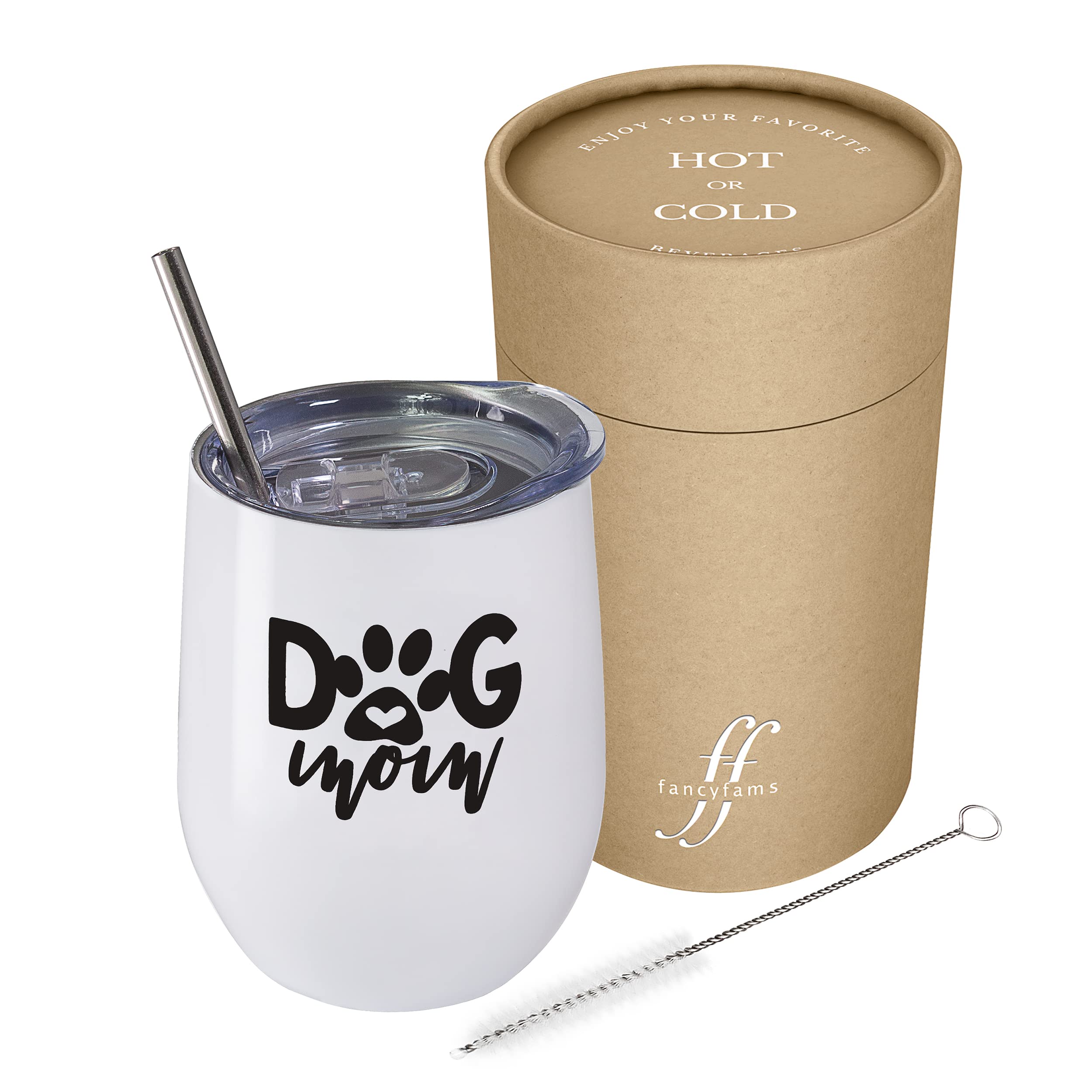 Fancyfams - Dog Mom - 12 oz Stainless Steel Stemless Wine Tumbler with Lid and Straw (Dog Mom - White)