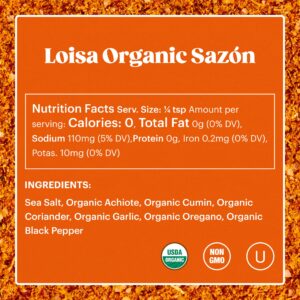 Loisa Sazón Seasoning, USDA Organic, Non-GMO, No-MSG, No Preservatives, No Artificial Coloring, No Artificial Flavors, 2.3oz, Pack of 1 (Sazon)