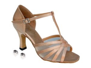 very fine ladies women ballroom dance shoes ek16612 brown satin & flesh mesh 2.5" heel (6.5m)