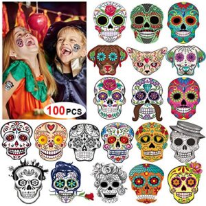 day of the dead sugar skull tattoos(100counts),konsait halloween temporary face tattoos sugar skull puppy black skeleton web red roses tattoo for kids boys girls mexican halloween party favor supplies