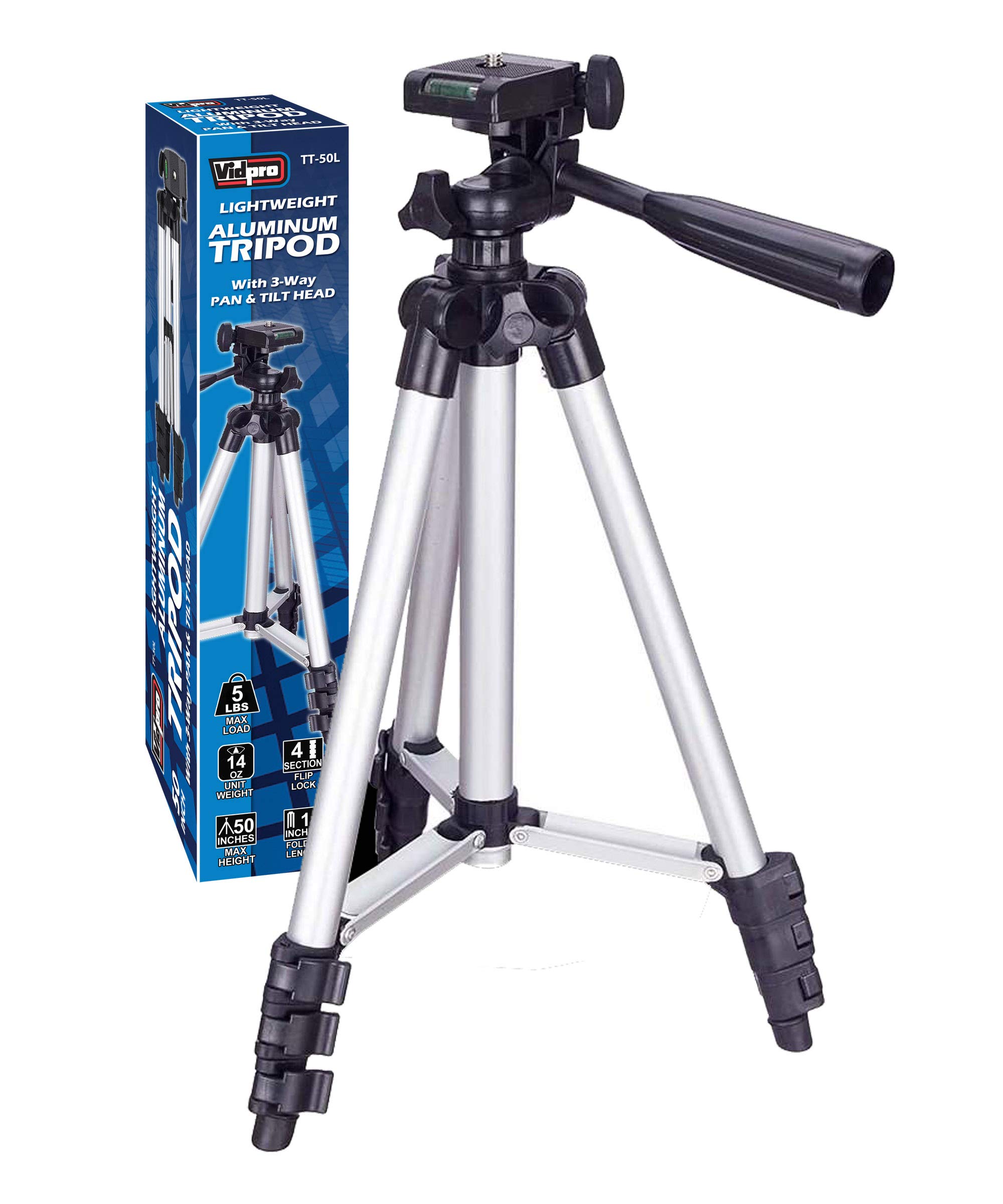 Vidpro TT-50L 50 Inch Lightweight Aluminum Tripod with 3 Way Pan & Tilt Head