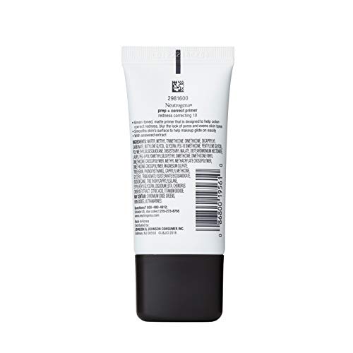 Neutrogena Prep + Correct Primer for Redness Correcting, Green-Toned Matte Makeup Primer with Seaweed Extract to Help Reduce Redness & Even Skin Tone, 1.0 oz