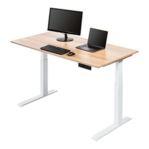 stand up desk store dual motor electric adjustable height standing desk with ez assemble steel frame (white frame/natural walnut top, 60" wide)
