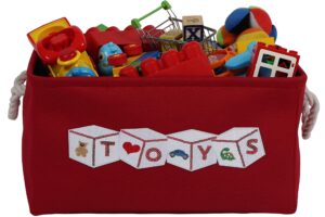 toy storage basket bin for organizing baby, kids, dog toys, children books. red canvas box organizer w/attractive white patch for playroom, nursery