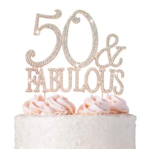 50 cake topper - premium rose gold metal - 50 and fabulous - 50th birthday party sparkly rhinestone decoration makes a great centerpiece - now protected in a box
