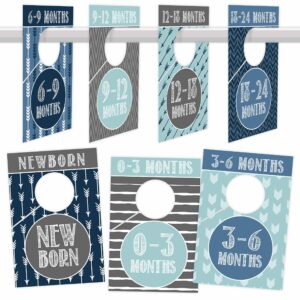 7 blue baby nursery closet organizer dividers for boys clothing, age size hanger organization for kid, toddler, infant, newborn clothes must have items, best shower registry gift supplies, 0-24 months