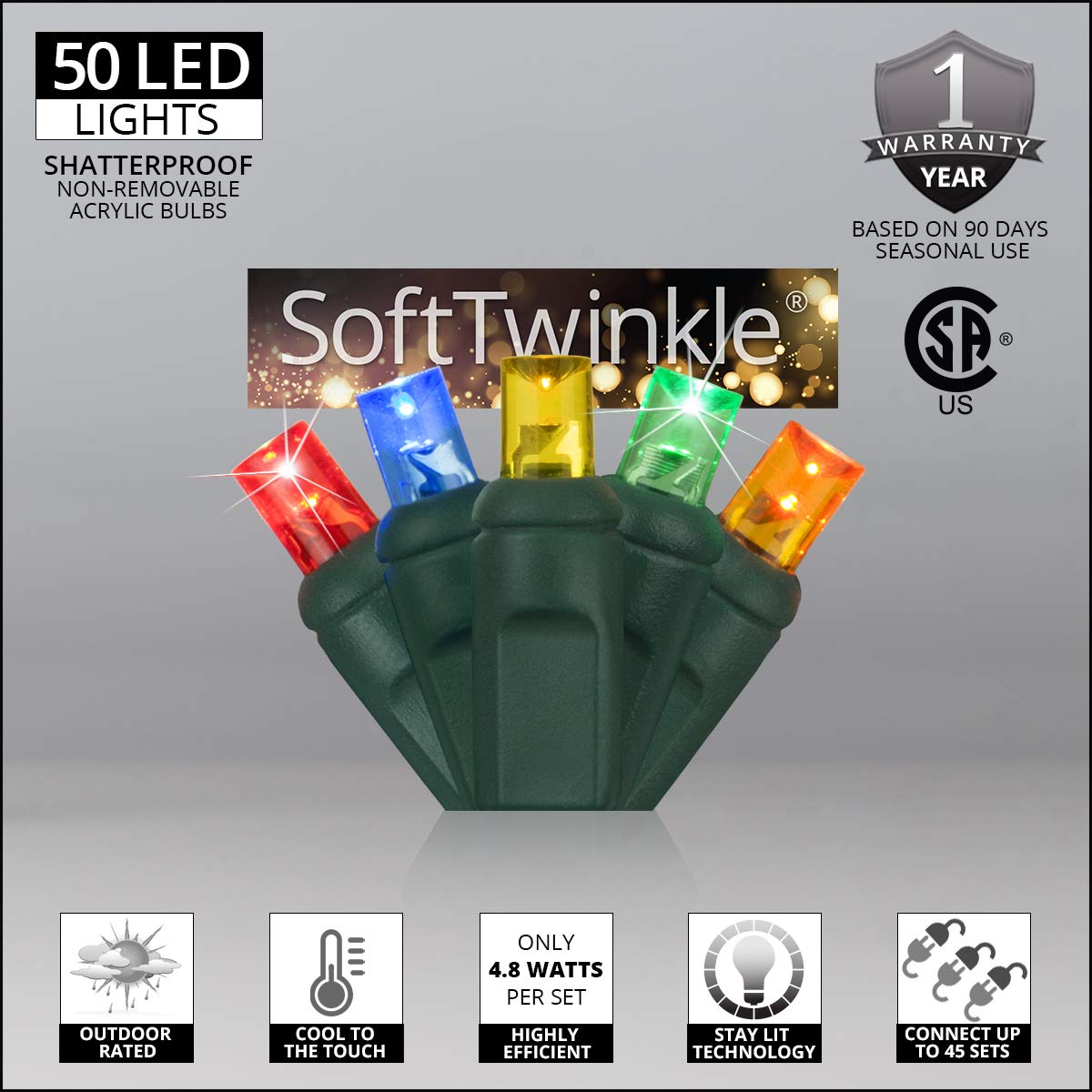 SoftTwinkle Slow Twinkling Christmas Lights, Soft Twinkle String Lights Pulsing Christmas Lights (50 Lights, 17 Ft, Warm White/White Wire)