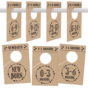 7 rustic baby nursery closet organizer dividers for girls or boys clothing, age size hanger organization for kid, toddler, infant, newborn clothes must have, shower registry gift supplies, 0-24 months