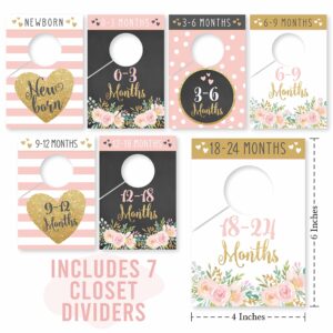 7 Pink Gold Baby Nursery Closet Organizer Dividers For Girl Clothing, Floral Age Size Hanger Organization For Kid Toddler, Infant, Newborn Clothes Must Have, Shower Registry Gift Supplies, 0-24 Months