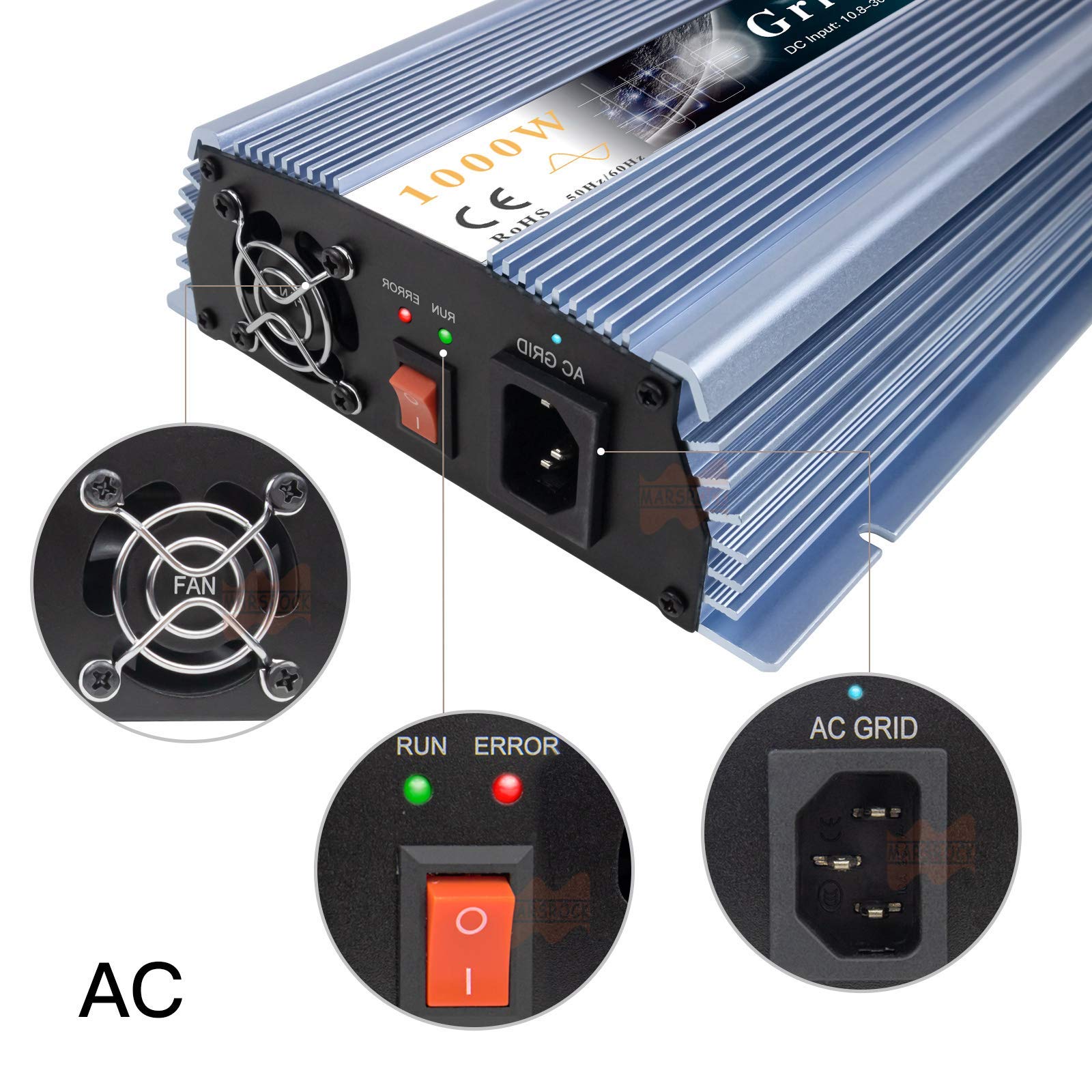 Marsrock 1000W Grid Tie Solar Inverter, 20-50V DC to AC 120V Pure Sine Wave Inverter for 1000-1200W 24V, 30V, 36V PV Module(AC120V Blue)