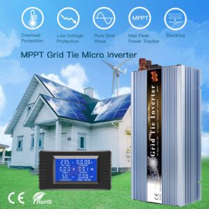 Marsrock 1000W Grid Tie Solar Inverter, 20-50V DC to AC 120V Pure Sine Wave Inverter for 1000-1200W 24V, 30V, 36V PV Module(AC120V Blue)
