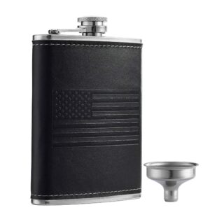 ywq stainless steel american flag flask, soft touch cover liquor flasks 8oz | leak proof black pu leather heavy duty hip set, includes funnel