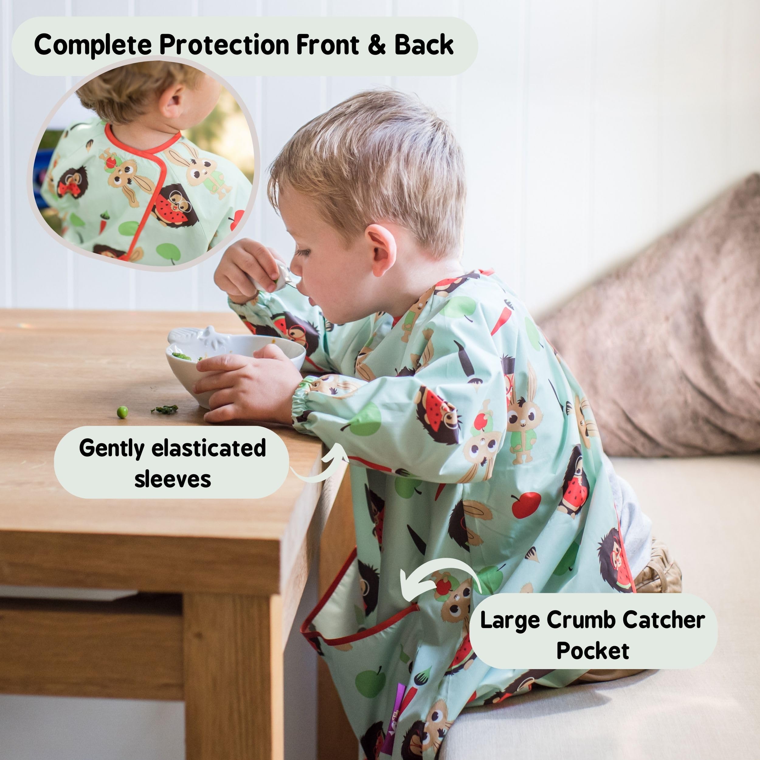 Tidy Tot - Long Baby Bib - Mess Proof Long Sleeve Feeding Smock with Large Food Catcher Pocket - Waterproof Bib – Machine Washable. Fits 6-24 months - Green