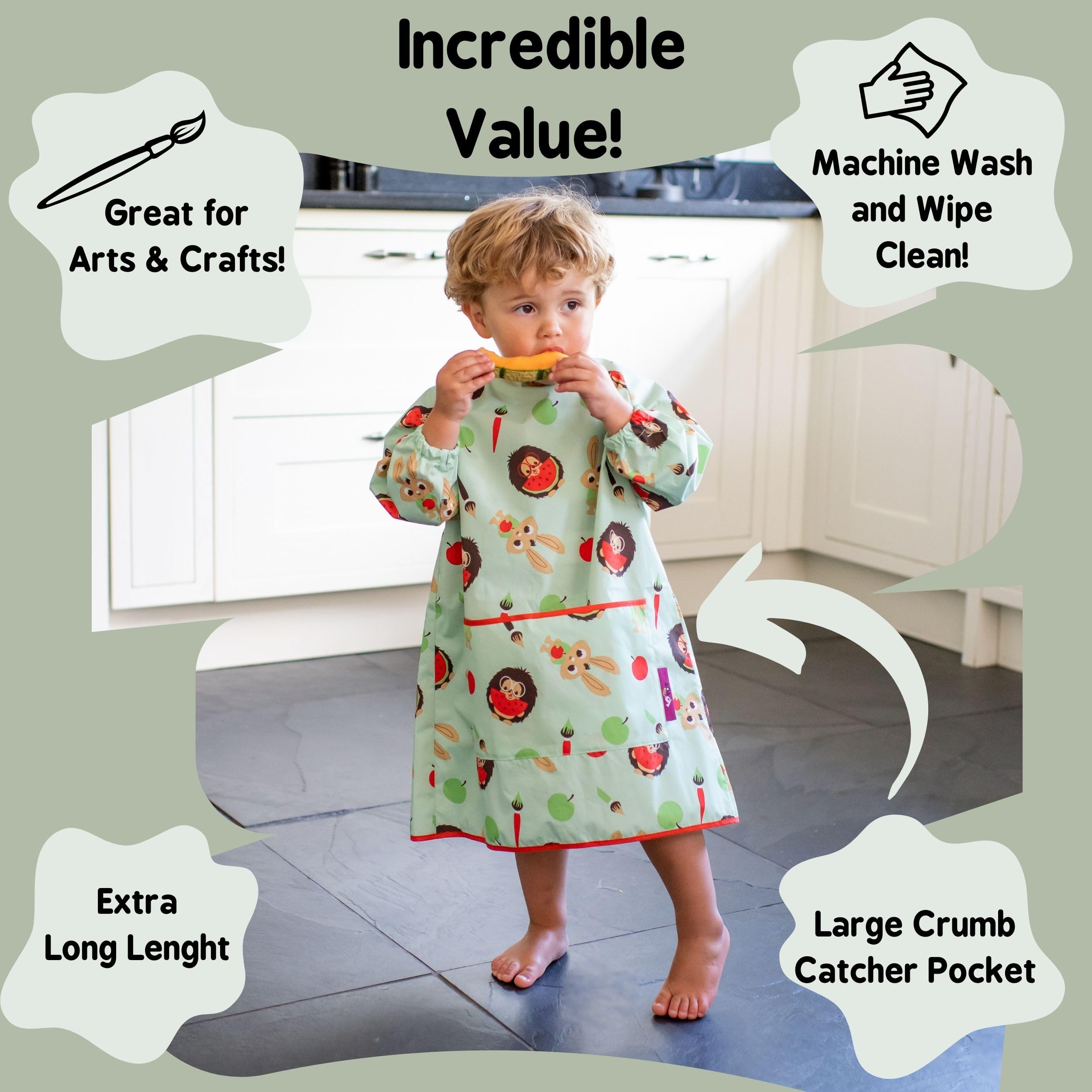 Tidy Tot - Long Baby Bib - Mess Proof Long Sleeve Feeding Smock with Large Food Catcher Pocket - Waterproof Bib – Machine Washable. Fits 6-24 months - Green