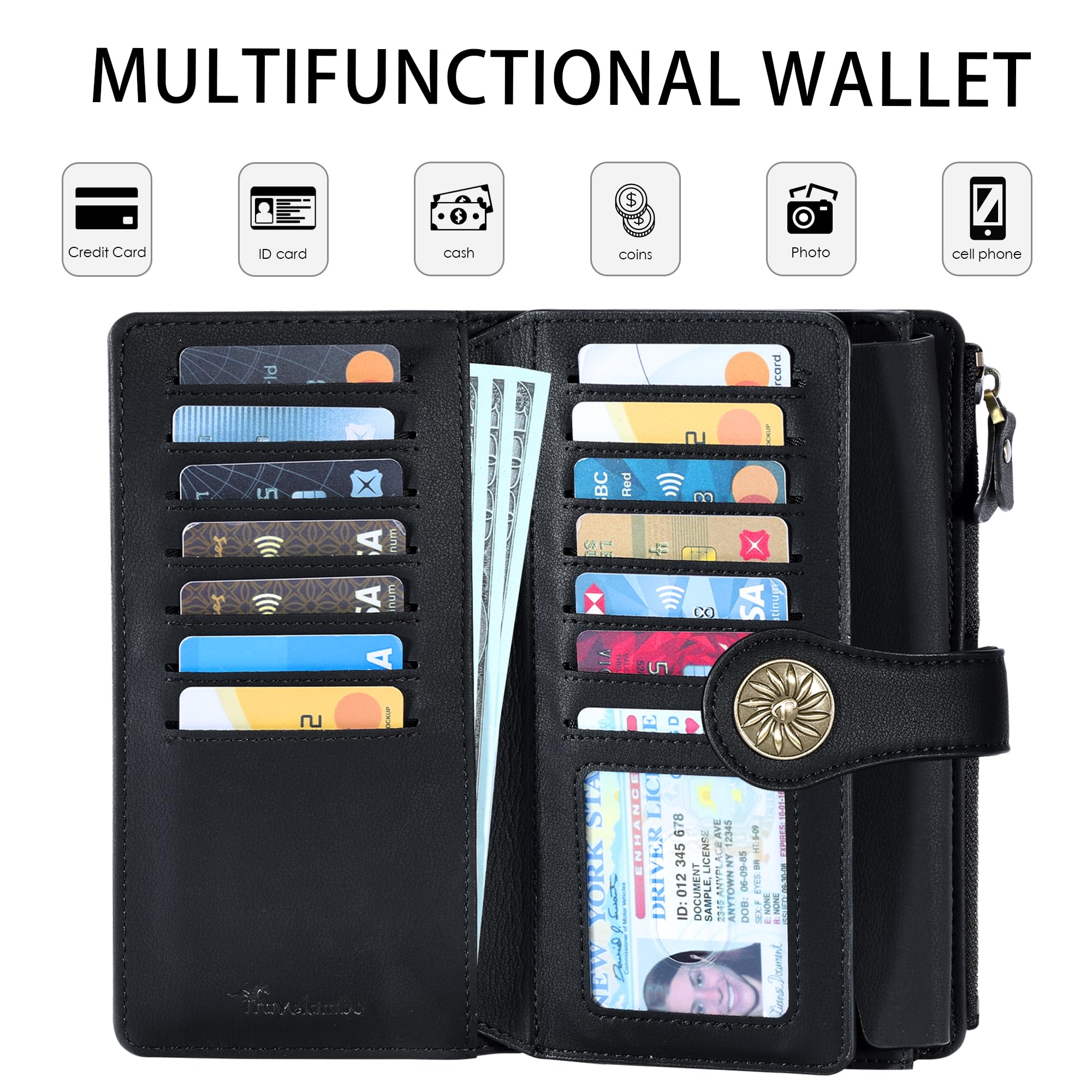 Travelambo Womens RFID Blocking Large Capacity Luxury Waxed Genuine Leather Clutch Wallet Multi Card Organizer (01 ReNapa Black)