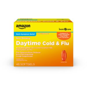 amazon basic care daytime cold and flu relief liquid caps softgel, non-drowsy cold medicine, relief of pain, fever, cough, sore throat, nasal congestion, 48 count