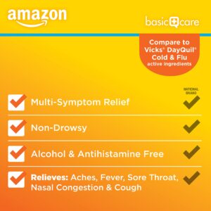 Amazon Basic Care Daytime Cold and Flu Relief, Non-Drowsy, Liquid Medicine, Original Flavor, 12 fl oz (Pack of 1)