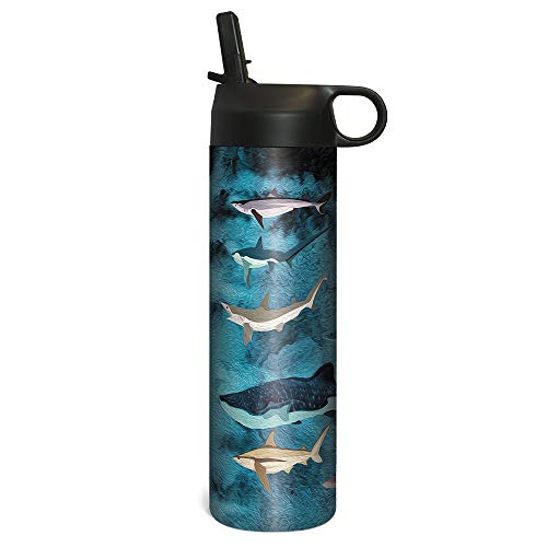 Tree-Free Greetings Sportiva Stainless Steel Tumbler Double-Walled and Vacuum Insulated Cup with Straw, 1 Count (Pack of 1), Shark Collage