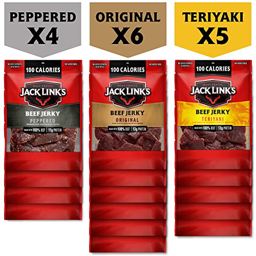 Jack Link's Beef Jerky Variety Pack - Includes Original, Teriyaki, and Peppered Beef Jerky - 96% Fat Free, No Added MSG- 1.25 Oz (Pack of 15)