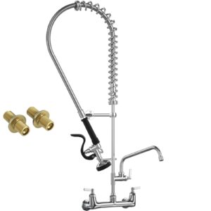 jzbrain commercial faucet with sprayer, 36'' height 8 inch center brass constructed wall mount kitchen sink faucet with pull down pre-rinse sprayer and 12" swing spout fit for 2/3 compartment sink