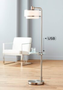 possini euro design vogue modern floor lamp with table tempered glass 60" tall brushed nickel white linen silver organza double drum shade usb charging port for living room reading house bedroom