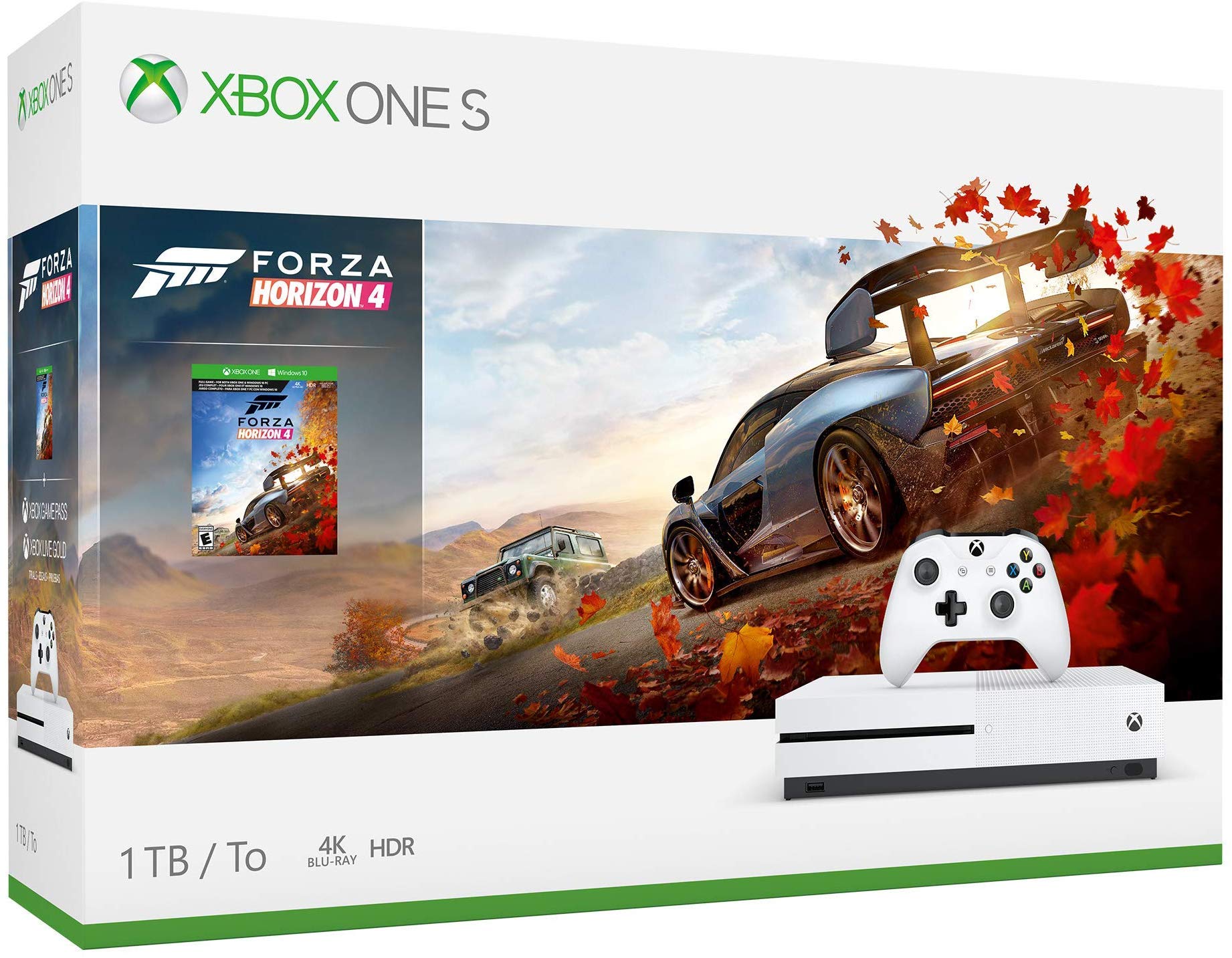 Xbox One S 1TB Forza Horizon 4 Console Bundle - Digital download of Forza Horizon 4 included - White Controller & Xbox One S included - 8GB RAM 1TB HD - Live Gold & Game Pass trials - 4K Blu-r