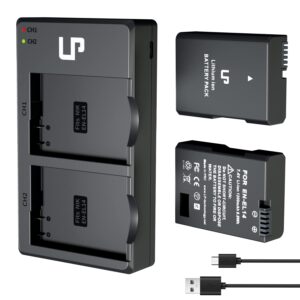 lp en-el14 en el14a battery charger pack, 2-pack 1200mah battery & dual slot charger, compatible with nikon d3100 d3200 d3300 d3400 d3500 d5100 d5200 d5300 d5500 d5600 df p7000 p7100 p7700 p7800