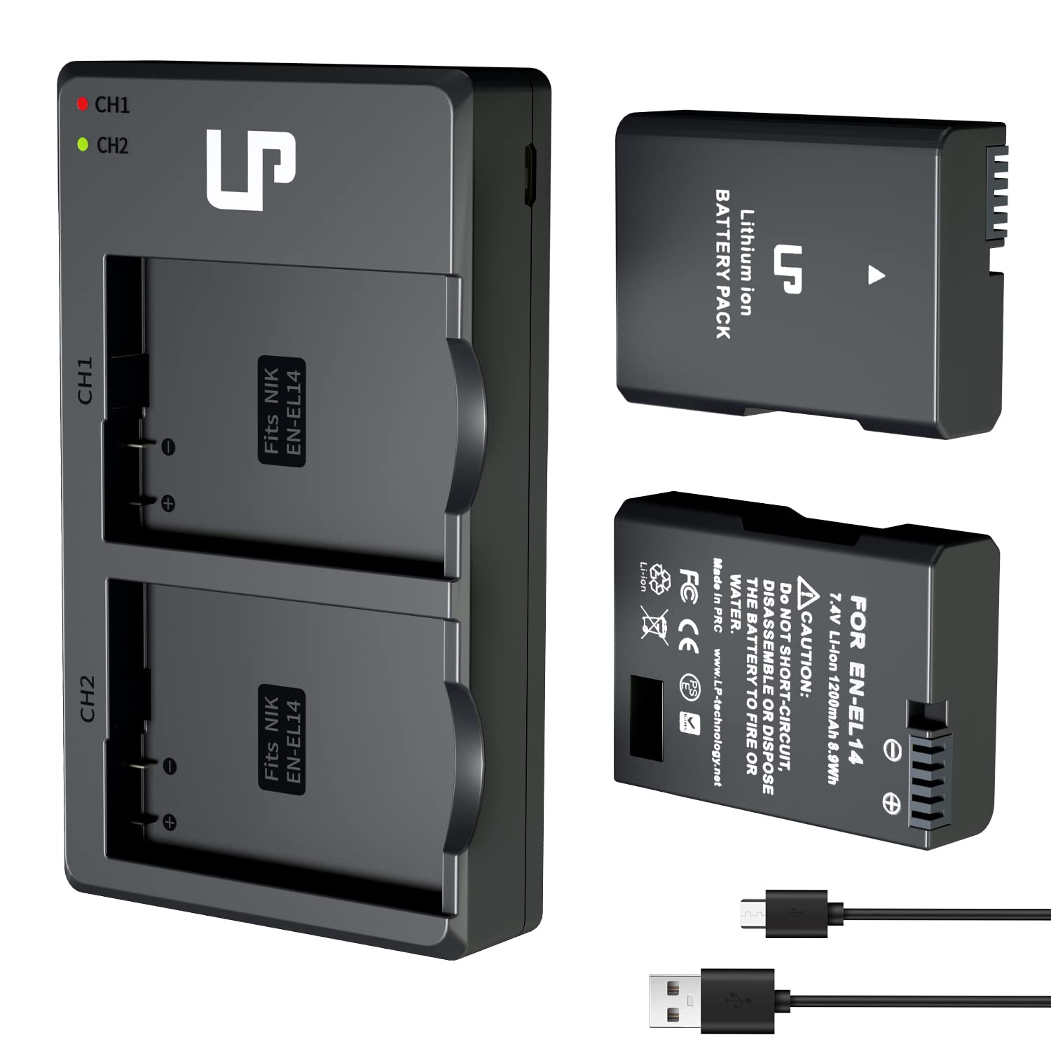 LP EN-EL14 EN EL14a Battery Charger Pack, 2-Pack 1200mAh Battery & Dual Slot Charger, Compatible with Nikon D3100 D3200 D3300 D3400 D3500 D5100 D5200 D5300 D5500 D5600 DF P7000 P7100 P7700 P7800