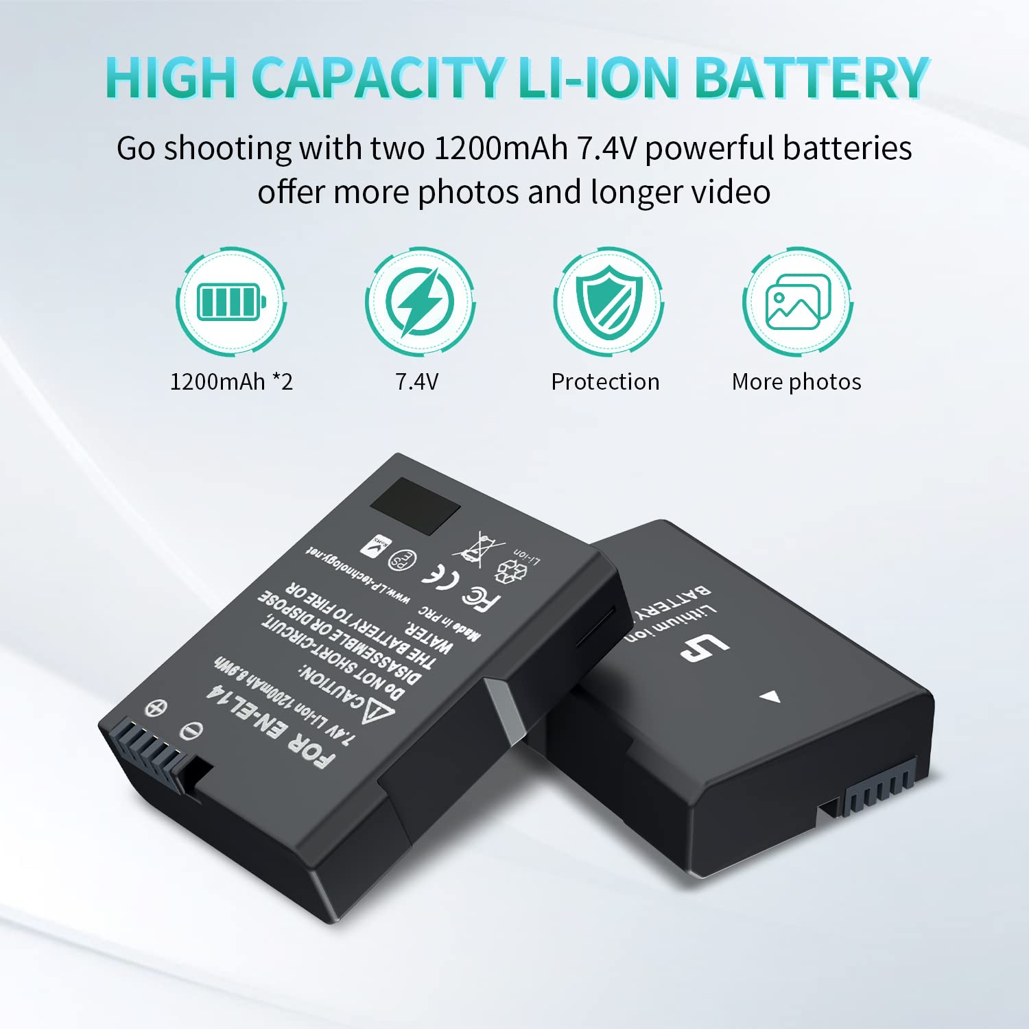 LP EN-EL14 EN EL14a Battery Charger Pack, 2-Pack 1200mAh Battery & Dual Slot Charger, Compatible with Nikon D3100 D3200 D3300 D3400 D3500 D5100 D5200 D5300 D5500 D5600 DF P7000 P7100 P7700 P7800