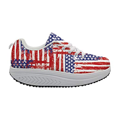 FOR U DESIGNS Lace-up Rocking Wedges Platform Women Girls Casual Walking Toning Sneakers Size 38 Cool American Flag Pattern