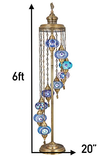 DEMMEX - 9 Big Globes Turkish Moroccan Mosaic Floor Lamp Light, Bohemian Boho Stained Glass Tiffany Mosaic Floor Lamp, 6 feet (Blue)