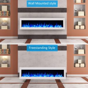 GMHome 50 Inches Wall Mounted Electric Fireplace Freestanding Heater Crystal Stone Flame Effect 9 Changeable Flame Color Fireplace, with Remote, 1500W – Metal Panel, White